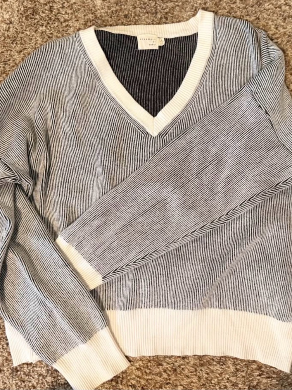 Striped V-Neck Sweater with Contrast Trim - Black & White